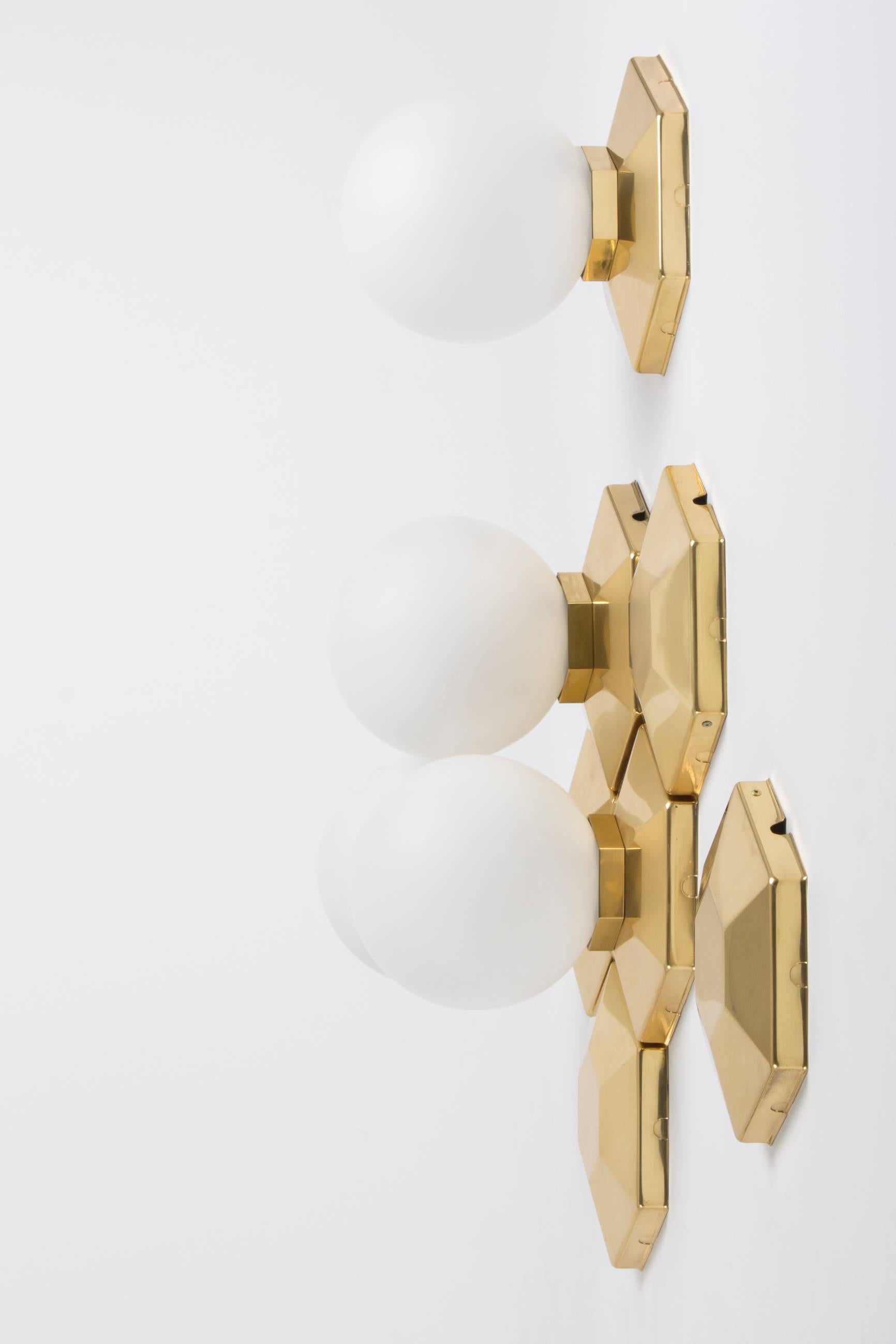 Multiple Brass and Glass Flush Mounts for Modular Installation, circa 1970 In Good Condition In Vienna, AT