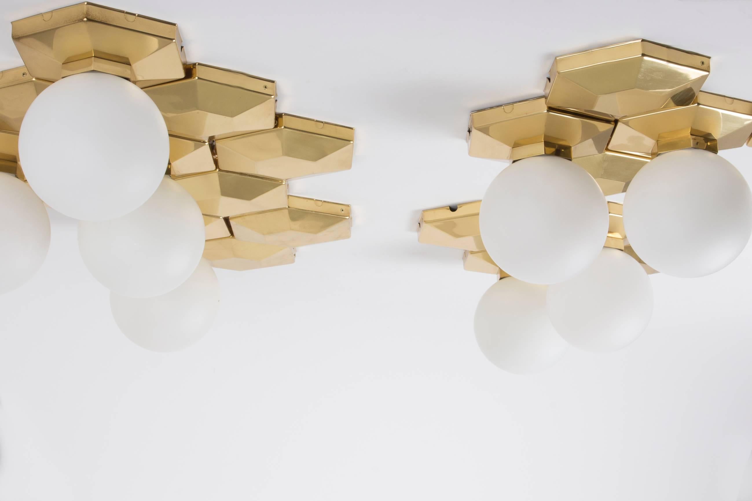 Late 20th Century Multiple Brass and Glass Flush Mounts for Modular Installation, circa 1970
