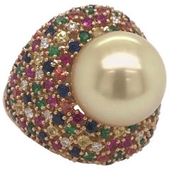 Multiple Color Sapphire Diamond Pearl Ring 4.26 Carat 18 Karat