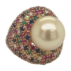 Multiple Color Sapphire Diamond Pearl Ring 4.26 Carat 18 Karat