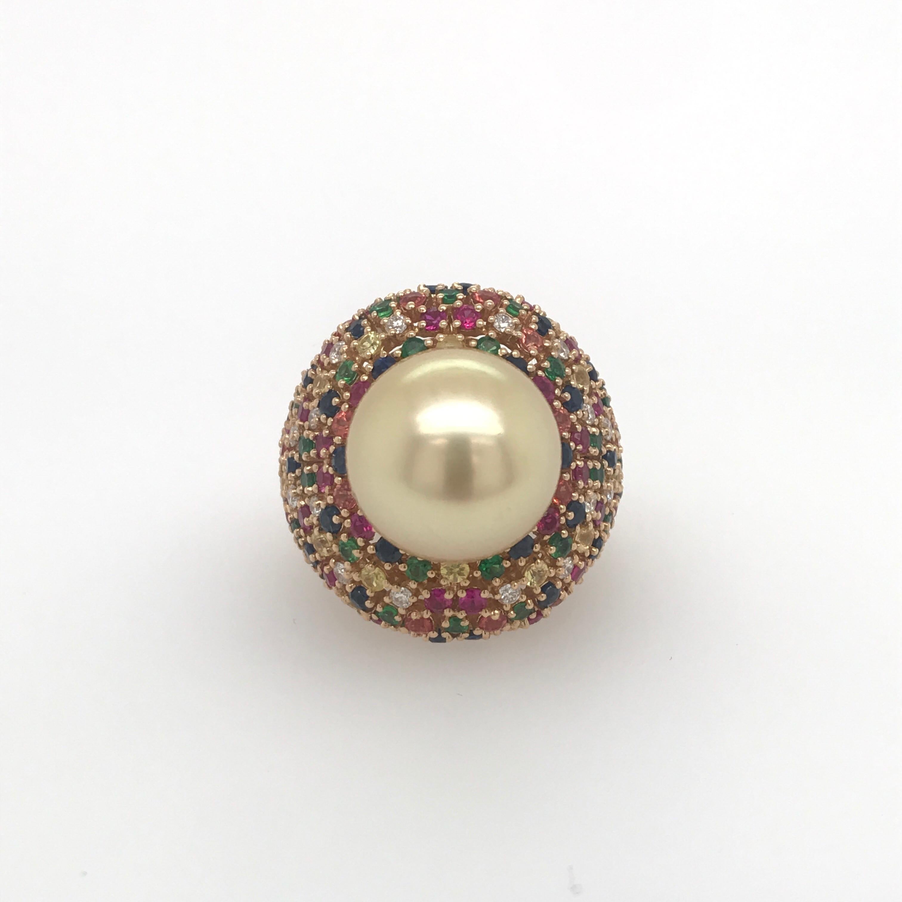 Contemporary Multiple Color Sapphire Diamond Pearl Ring 4.26 Carat 18 Karat