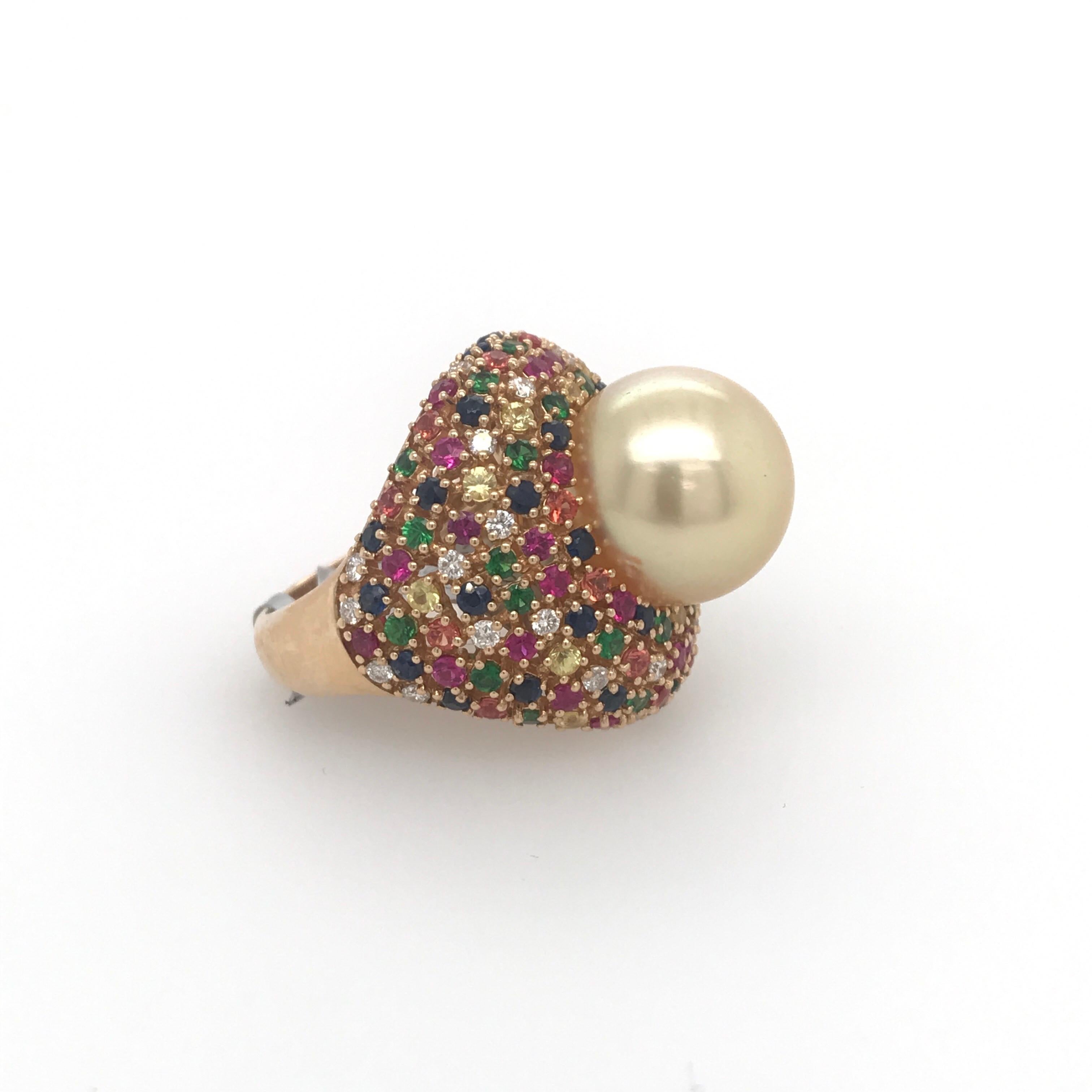 Women's Multiple Color Sapphire Diamond Pearl Ring 4.26 Carat 18 Karat