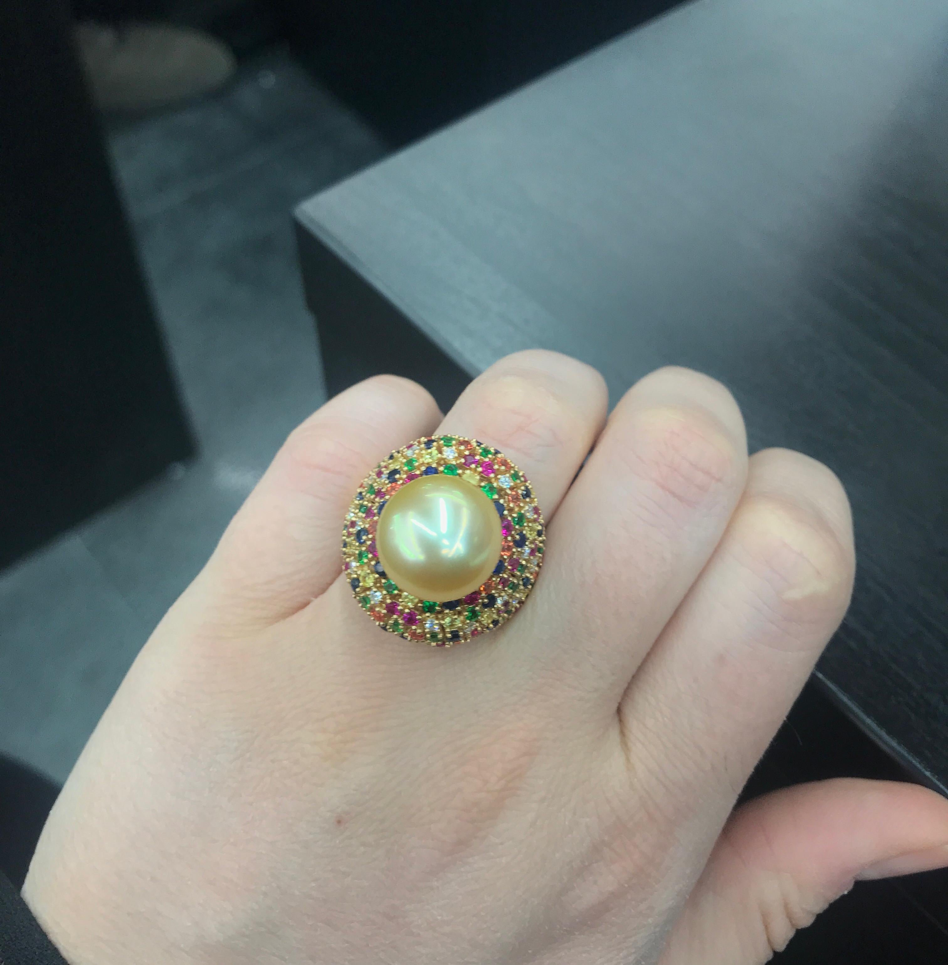 Multiple Color Sapphire Diamond Pearl Ring 4.26 Carat 18 Karat 4