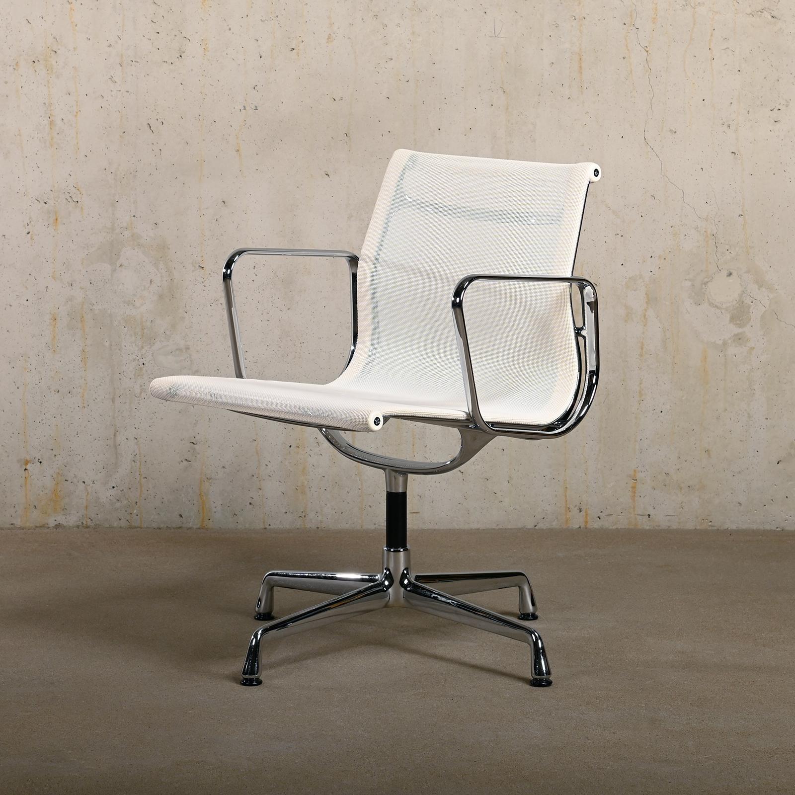 Multiple Eames Aluminum Group EA108 Dining Chairs in White Netweave Mesh, Vitra For Sale 2