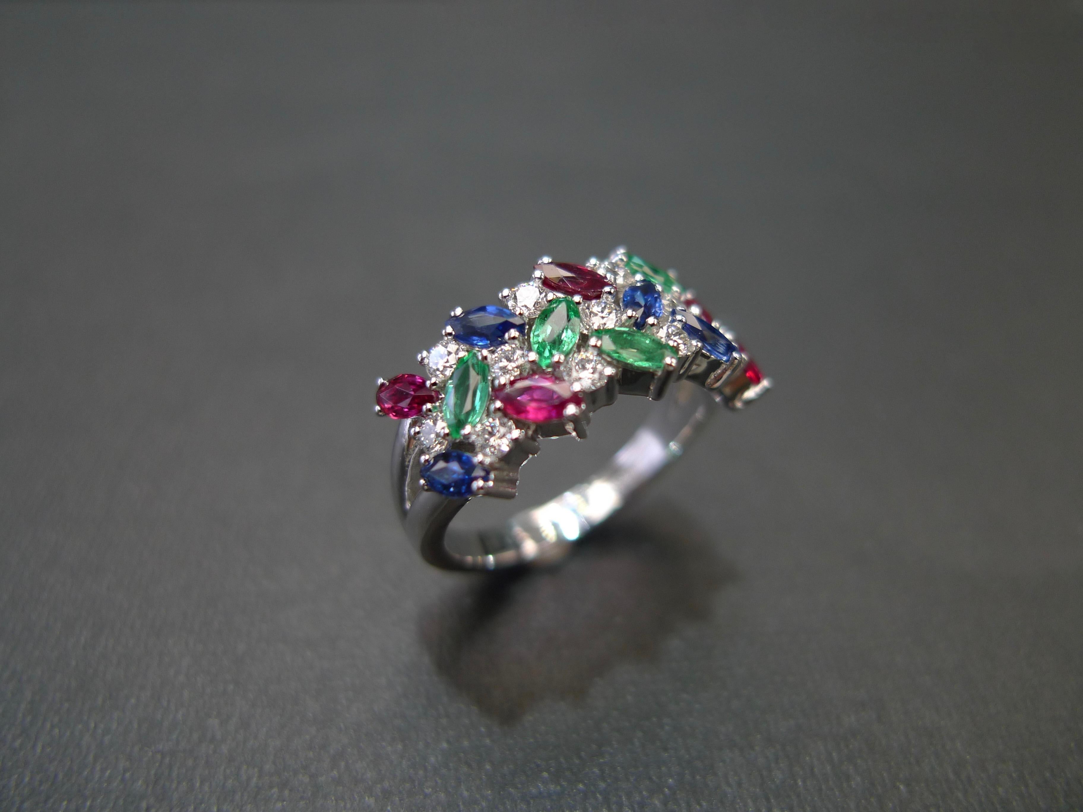 For Sale:  Multiple Gemstones Blue Sapphire, Ruby, Emerald and Diamond Three Rows Ring 10