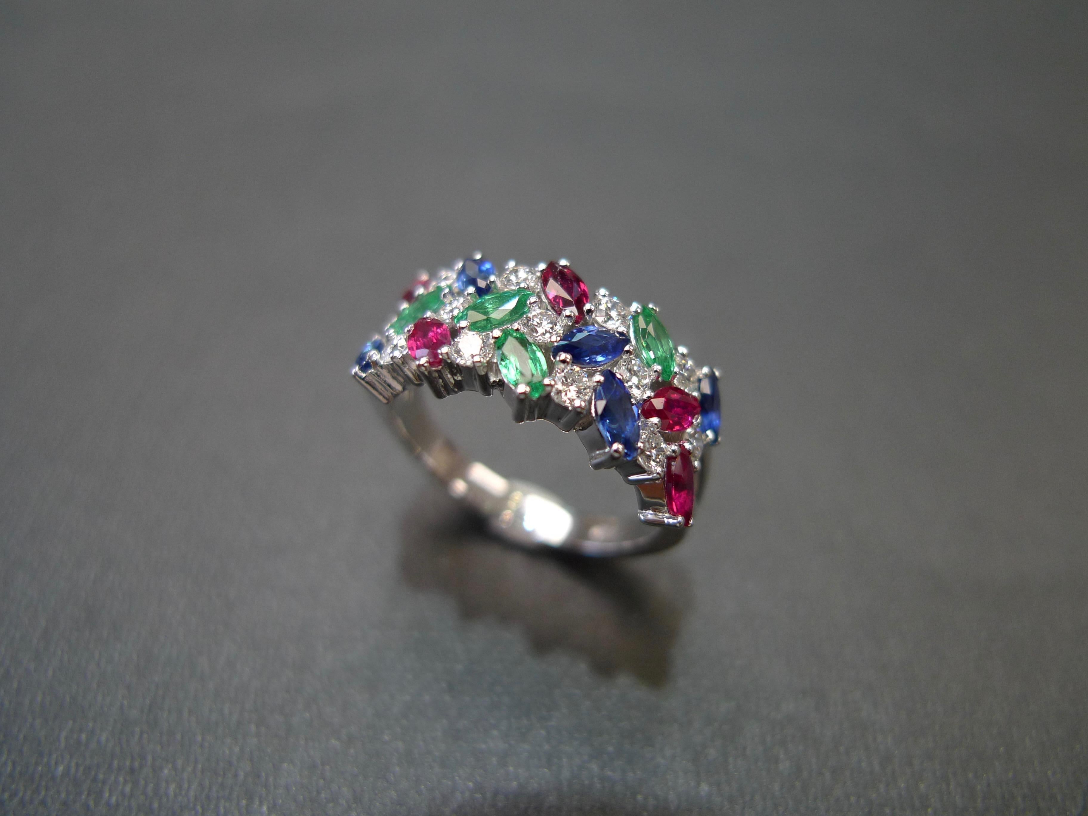 For Sale:  Multiple Gemstones Blue Sapphire, Ruby, Emerald and Diamond Three Rows Ring 2