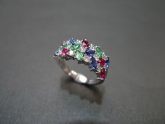 Multiple Gemstones Blue Sapphire, Ruby, Emerald and Diamond Three Rows Ring
