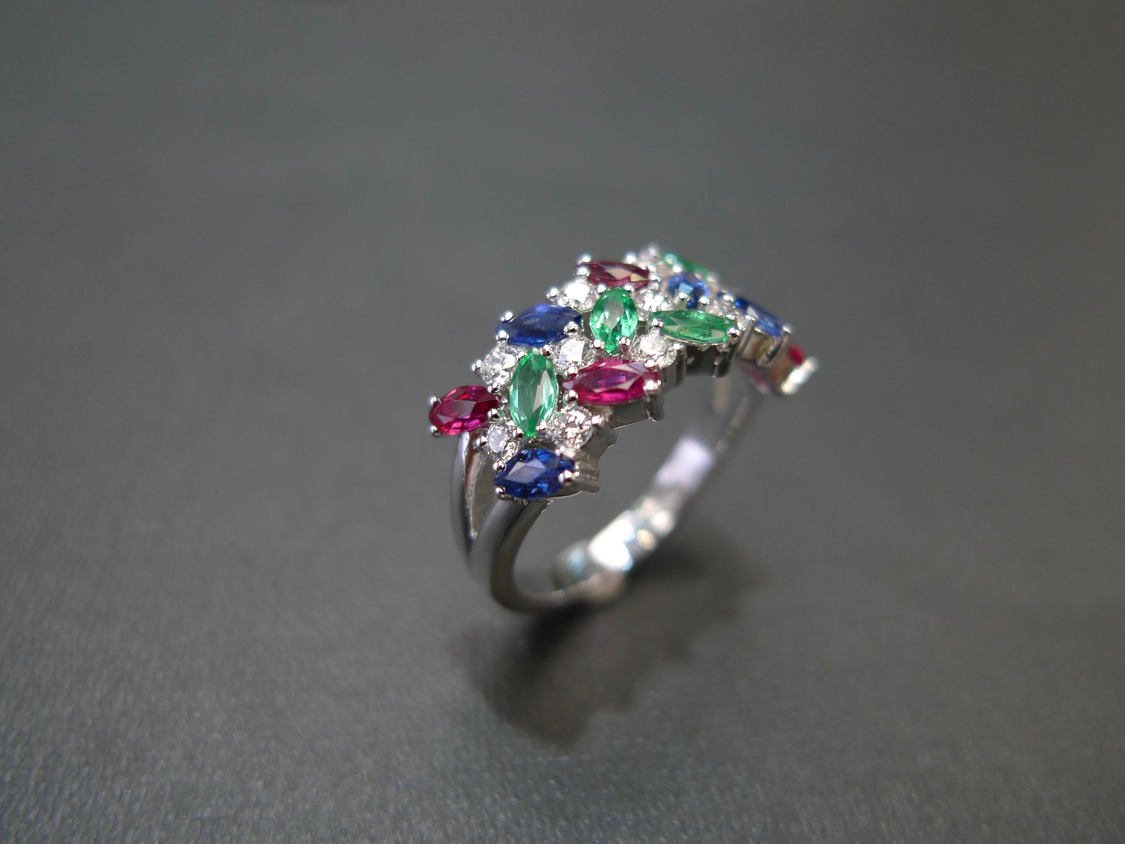 For Sale:  Multiple Gemstones Blue Sapphire, Ruby, Emerald and Diamond Three Rows Ring 5
