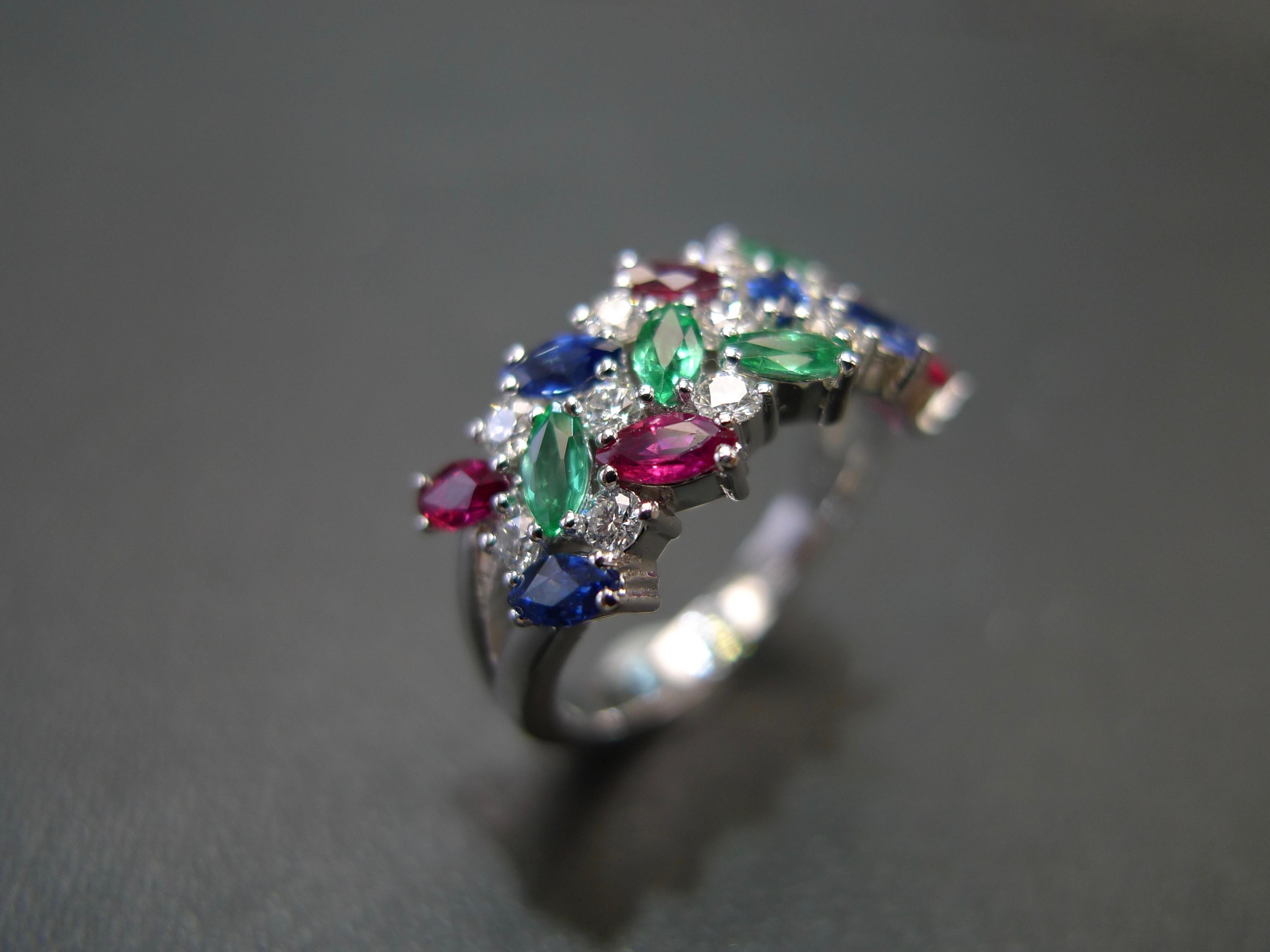 For Sale:  Multiple Gemstones Blue Sapphire, Ruby, Emerald and Diamond Three Rows Ring 7