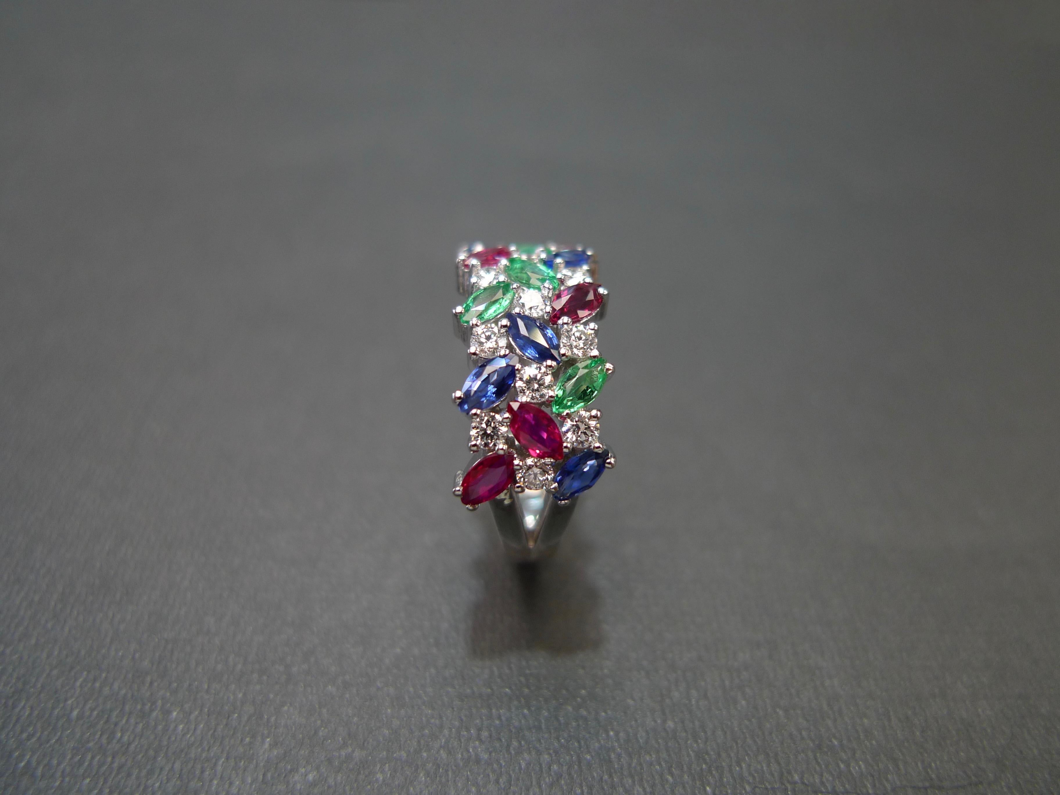 For Sale:  Multiple Gemstones Blue Sapphire, Ruby, Emerald and Diamond Three Rows Ring 9