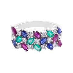 Multiple Gemstones Blue Sapphire, Ruby, Emerald and Diamond Three Rows Ring