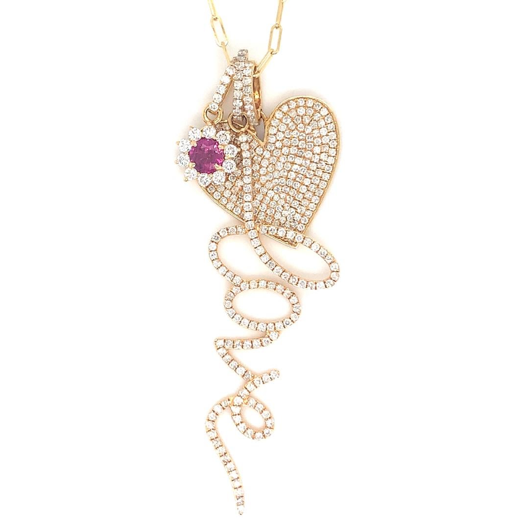 A gold necklace with multiple pendants Three pendants hang on an adjustable chain; two of the beautiful pendants are made of with just diamonds, while the third, stunning pendant is made of a ruby and a diamond. One of the diamond pendants is shaped