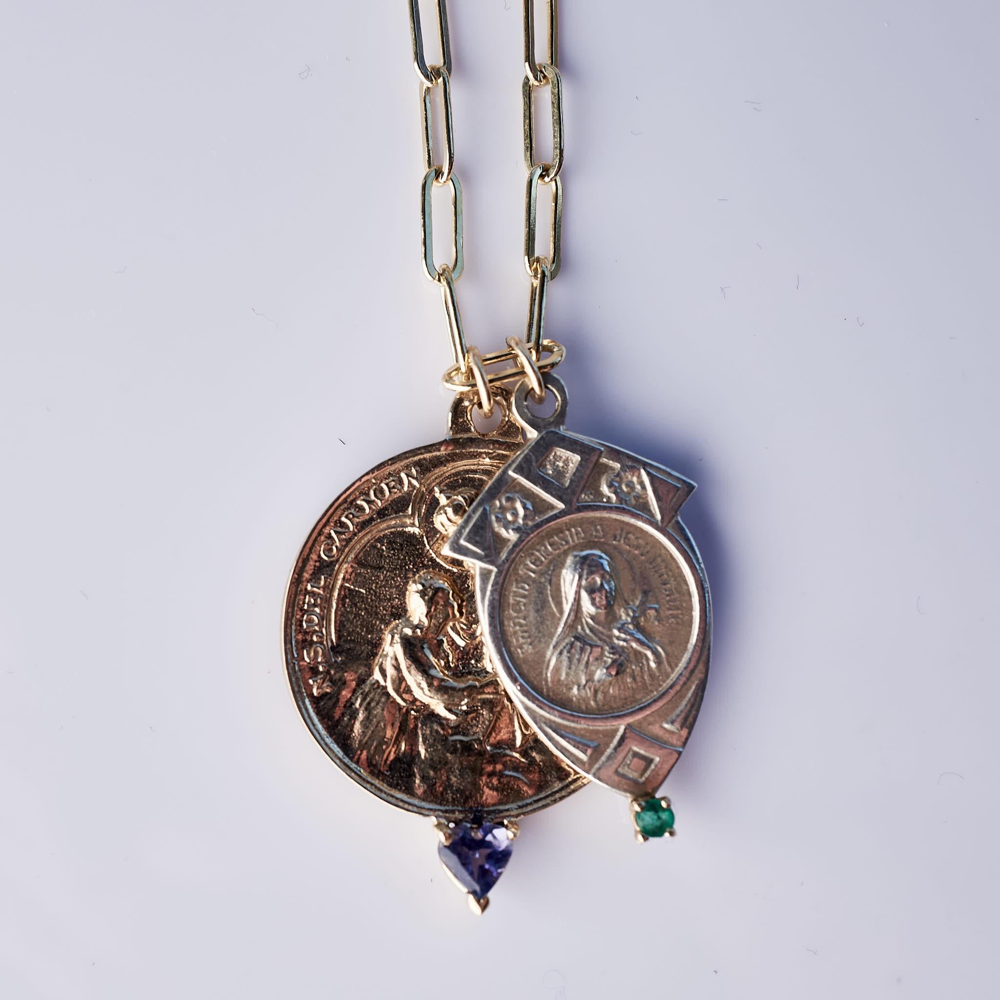 Medalla Collar Cadena Esmeralda Corazón Tanzanita Plata Virgen María Victoriano en venta