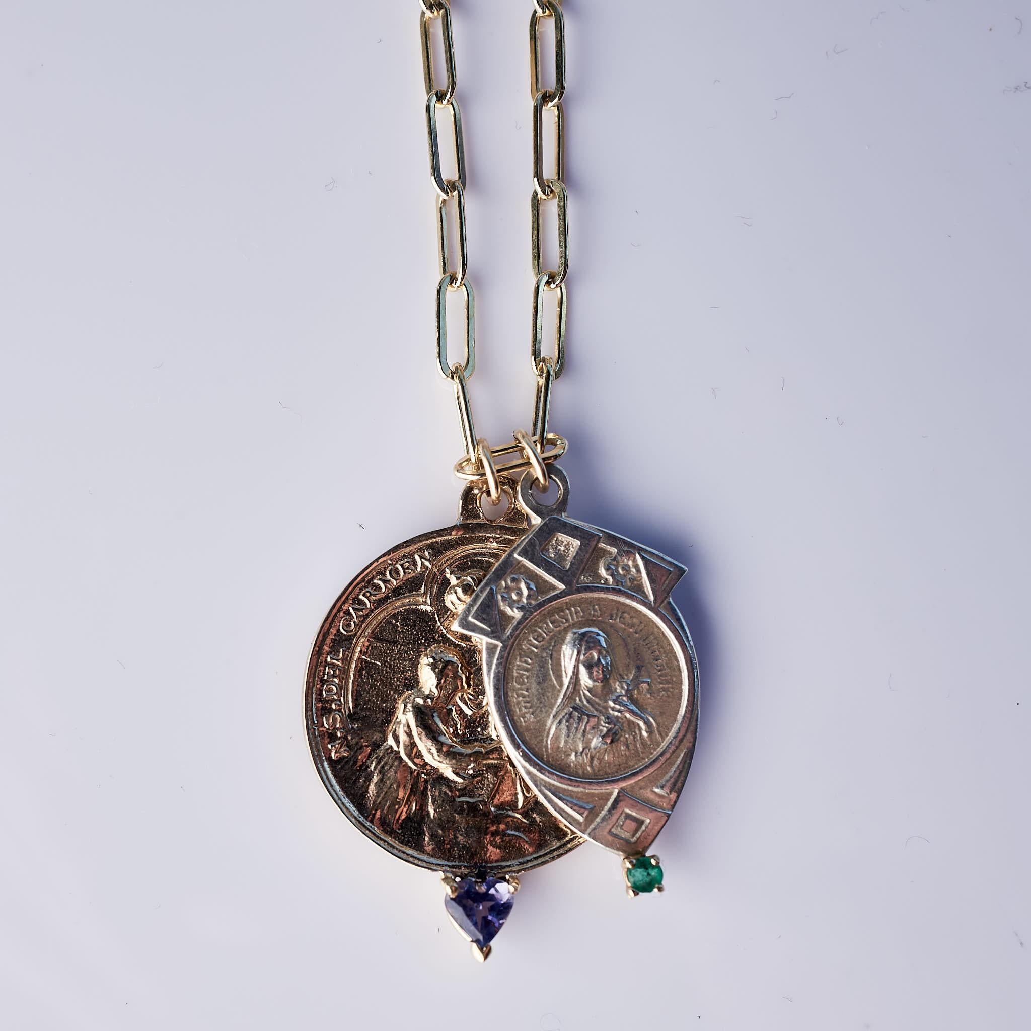 Medalla Collar Cadena Esmeralda Corazón Tanzanita Plata Virgen María Corte brillante en venta