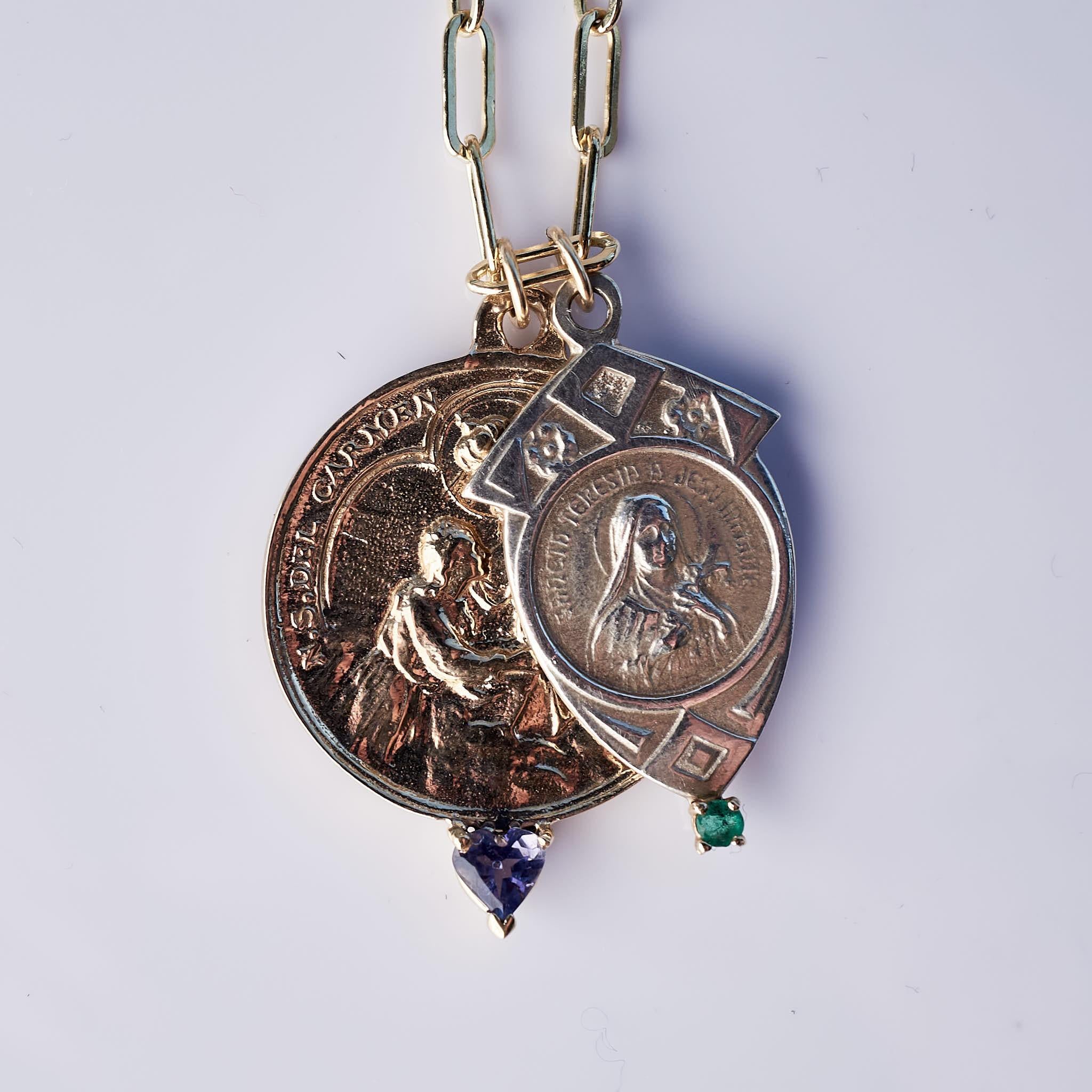 Medalla Collar Cadena Esmeralda Corazón Tanzanita Plata Virgen María en Nuevo estado para la venta en Los Angeles, CA
