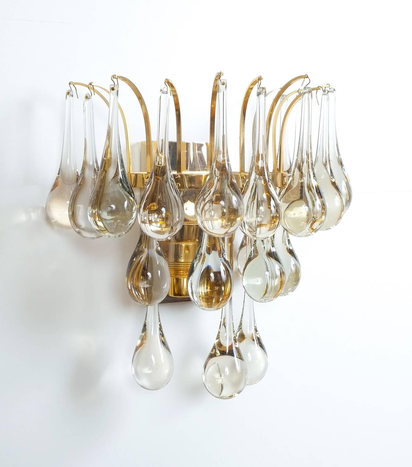 Mid-Century Modern Multiple Palwa Murano Glass Tear Drop Sconces Refurbished Gold Brass, 1960