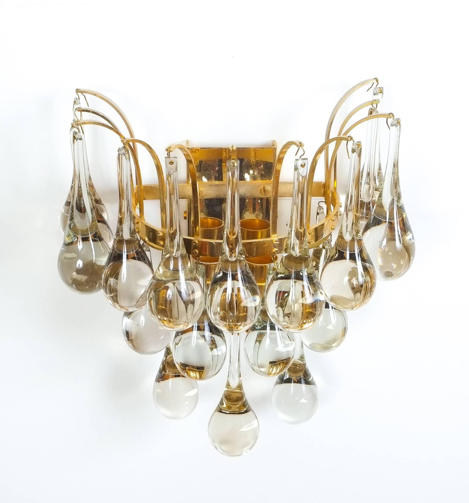 Gilt Multiple Palwa Murano Glass Tear Drop Sconces Refurbished Gold Brass, 1960