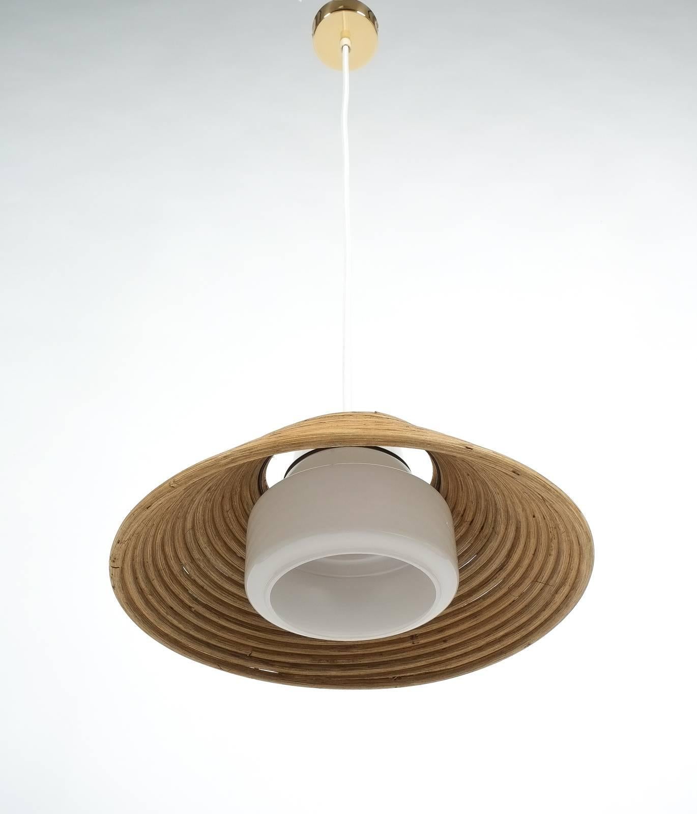 Mid-20th Century Rattan Opal Glass Pendant Lamp NOS by Doria, 1960 For Sale