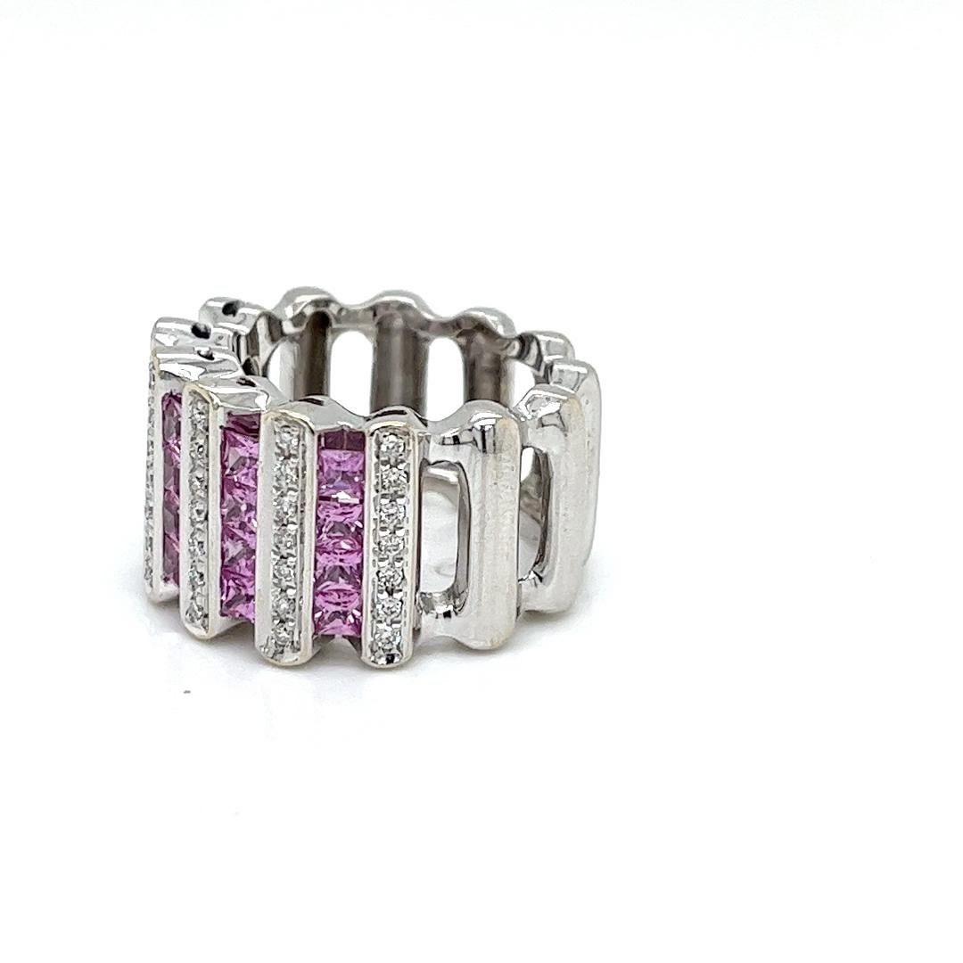 Contemporary Multirow Ring 18Kt White Gold  with Pink Sapphire & Diamonds For Sale