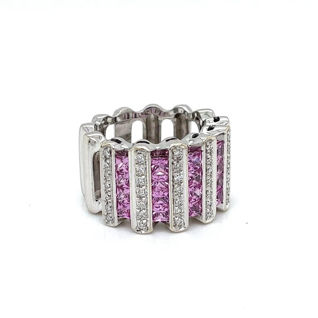 Multirow Ring 18Kt White Gold  with Pink Sapphire & Diamonds In Excellent Condition For Sale In Miami, FL