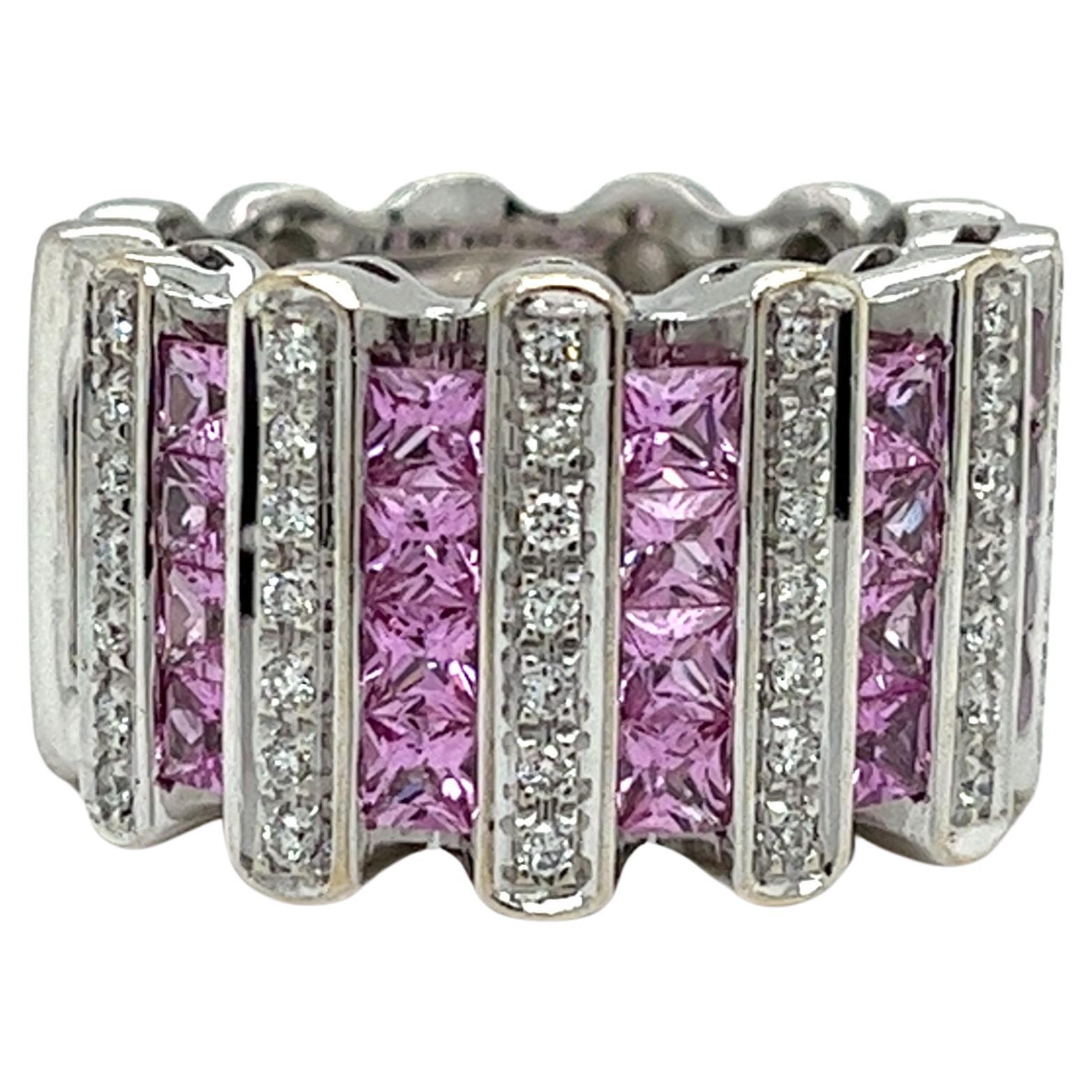 Multirow Ring 18Kt White Gold  with Pink Sapphire & Diamonds For Sale