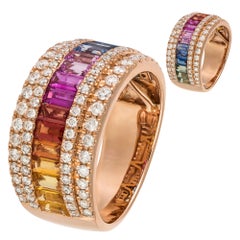 Multisapphire Diamond Rose Colourful Band Ring for Her 18 K Gold