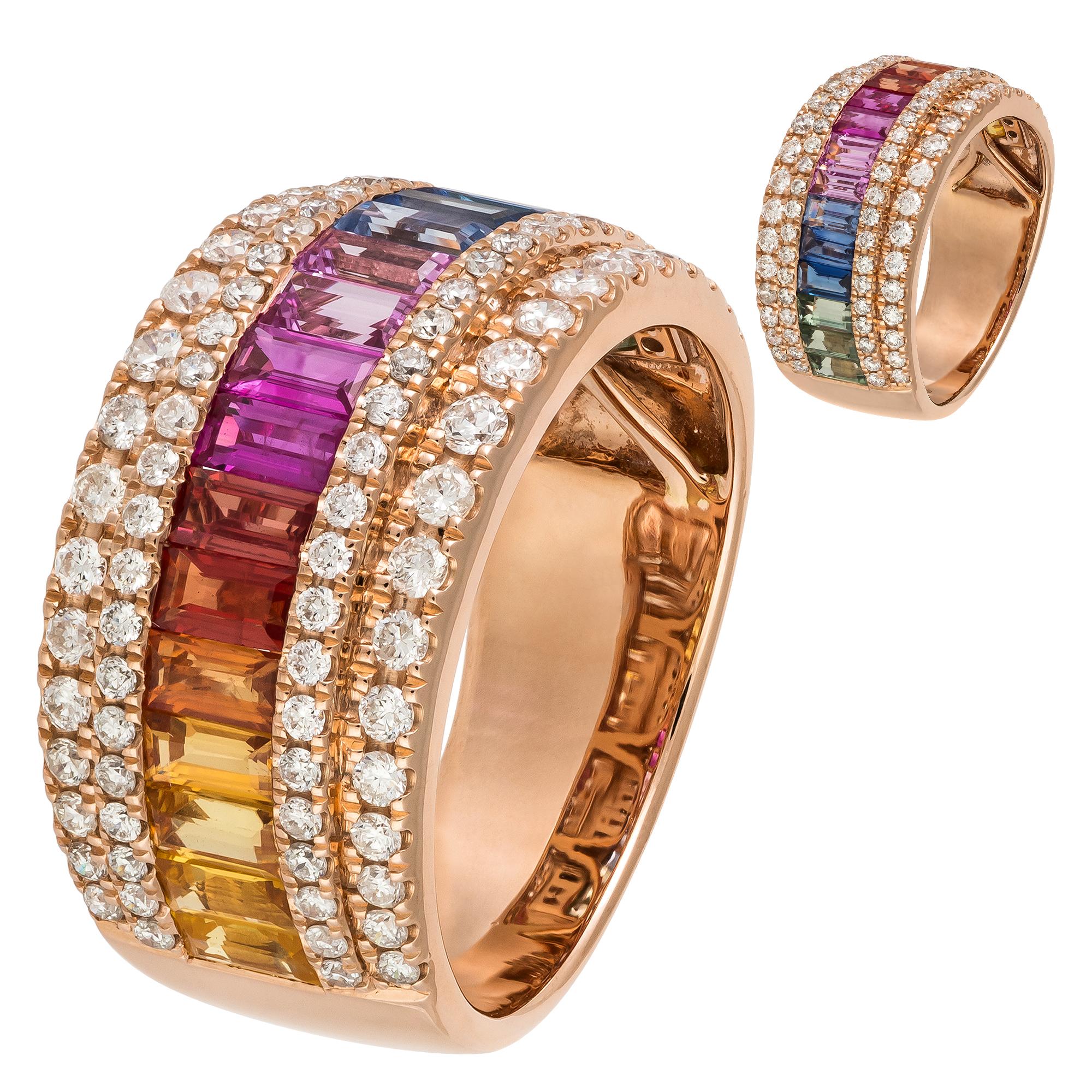 Taille ronde Bague à anneau coloré en or 18 carats avec multi saphirs et diamants roses pour elle en vente