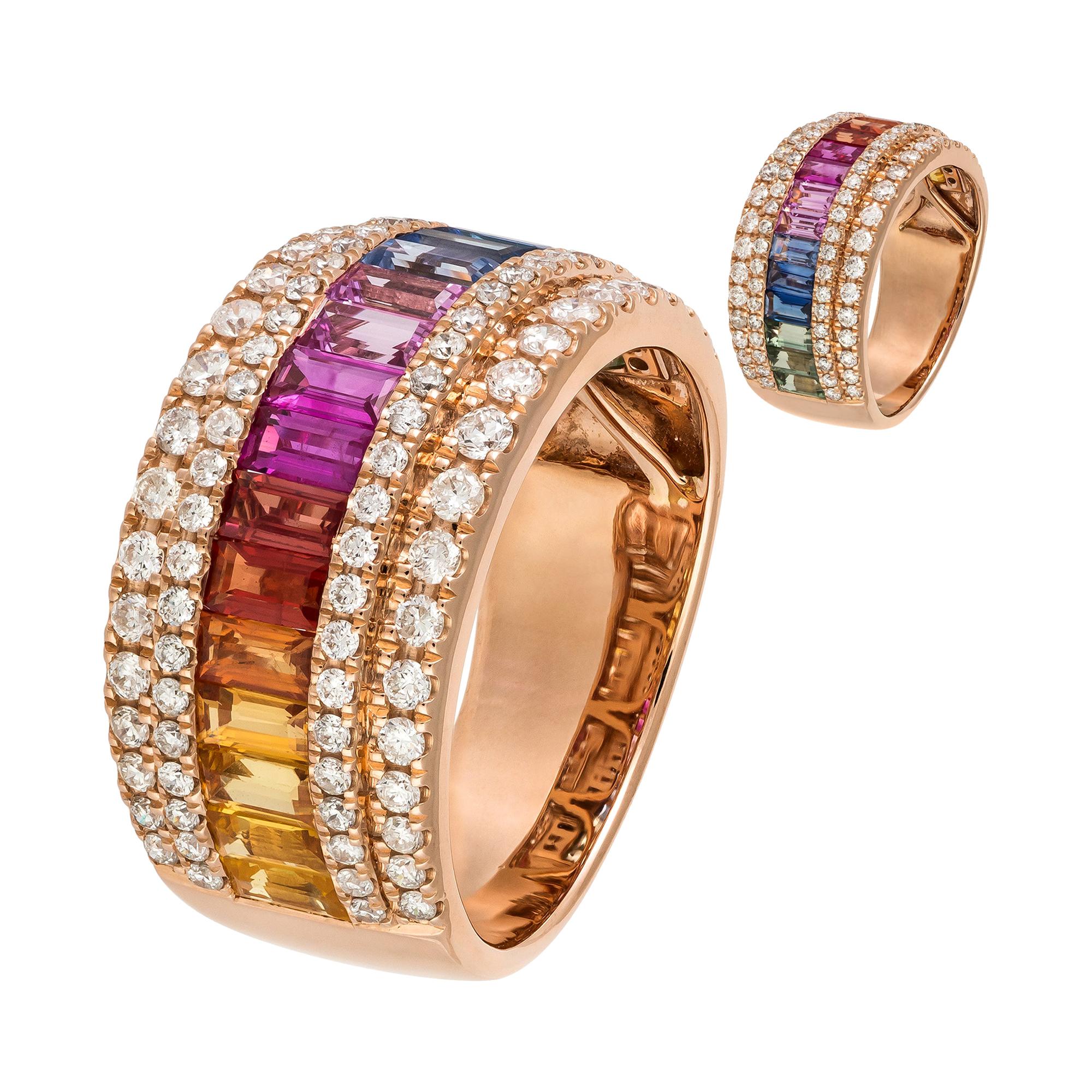 Multisapphire Diamond Rose Colourful Band Ring for Her 18 K Gold For Sale