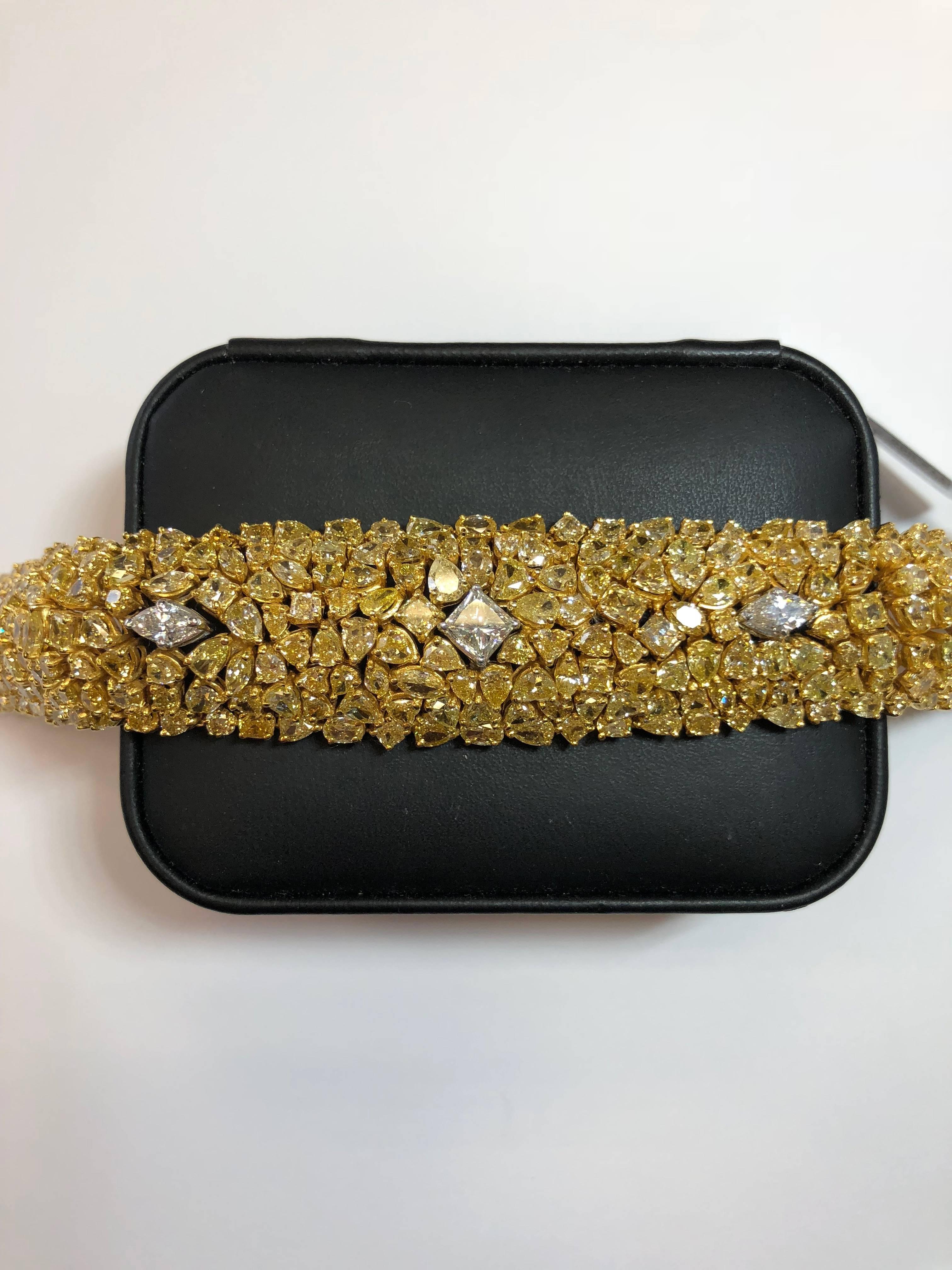 Women's or Men's Multishape Yellow Diamond and White Diamond Cluster Bracelet
