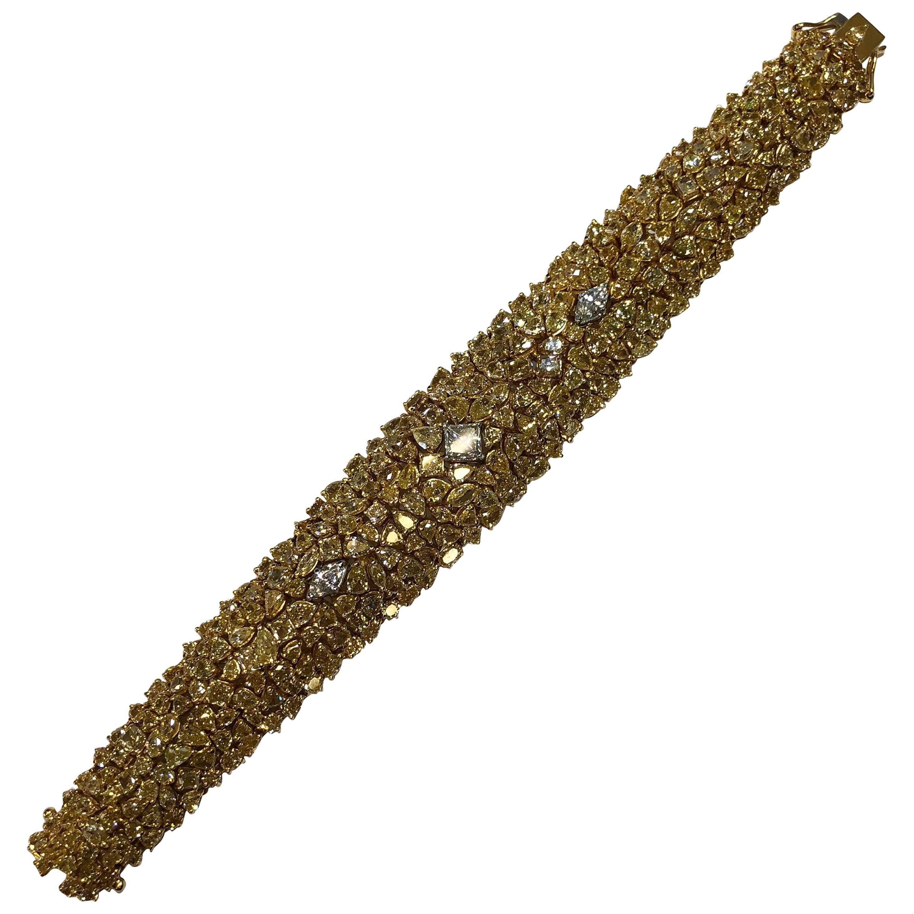 Multishape Yellow Diamond and White Diamond Cluster Bracelet