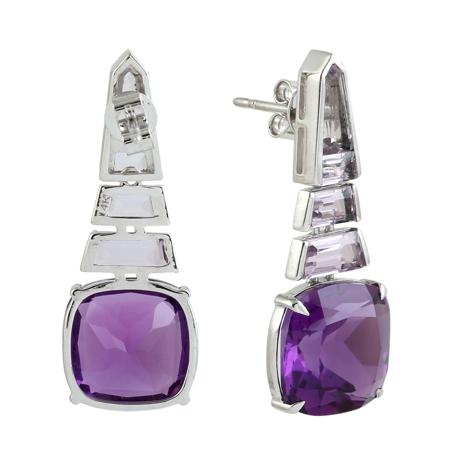 Art Deco Multishaped Amethyst Dangle Earrings Made In 14k White Gold For Sale