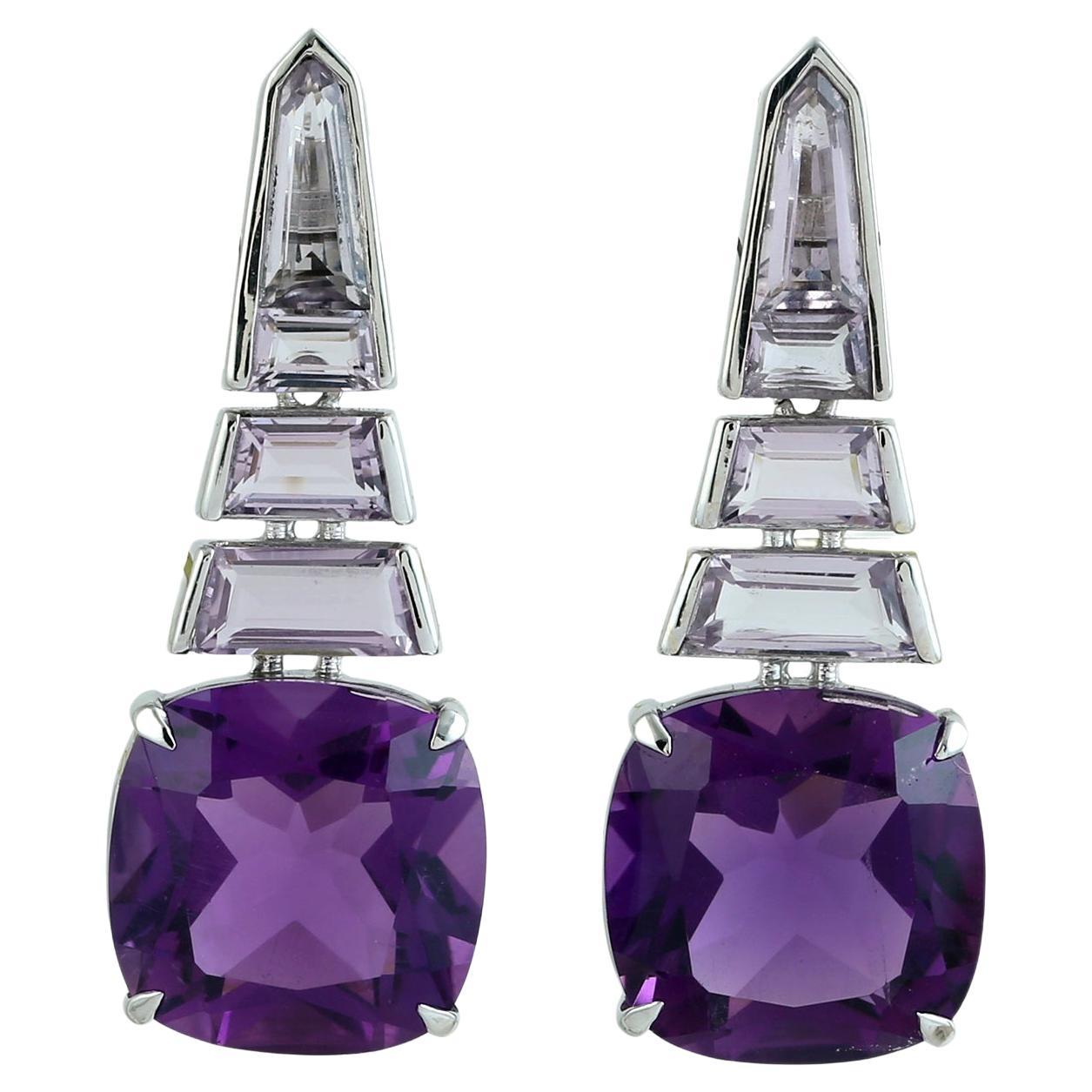 Multishaped Amethyst Dangle Earrings Made In 14k White Gold For Sale