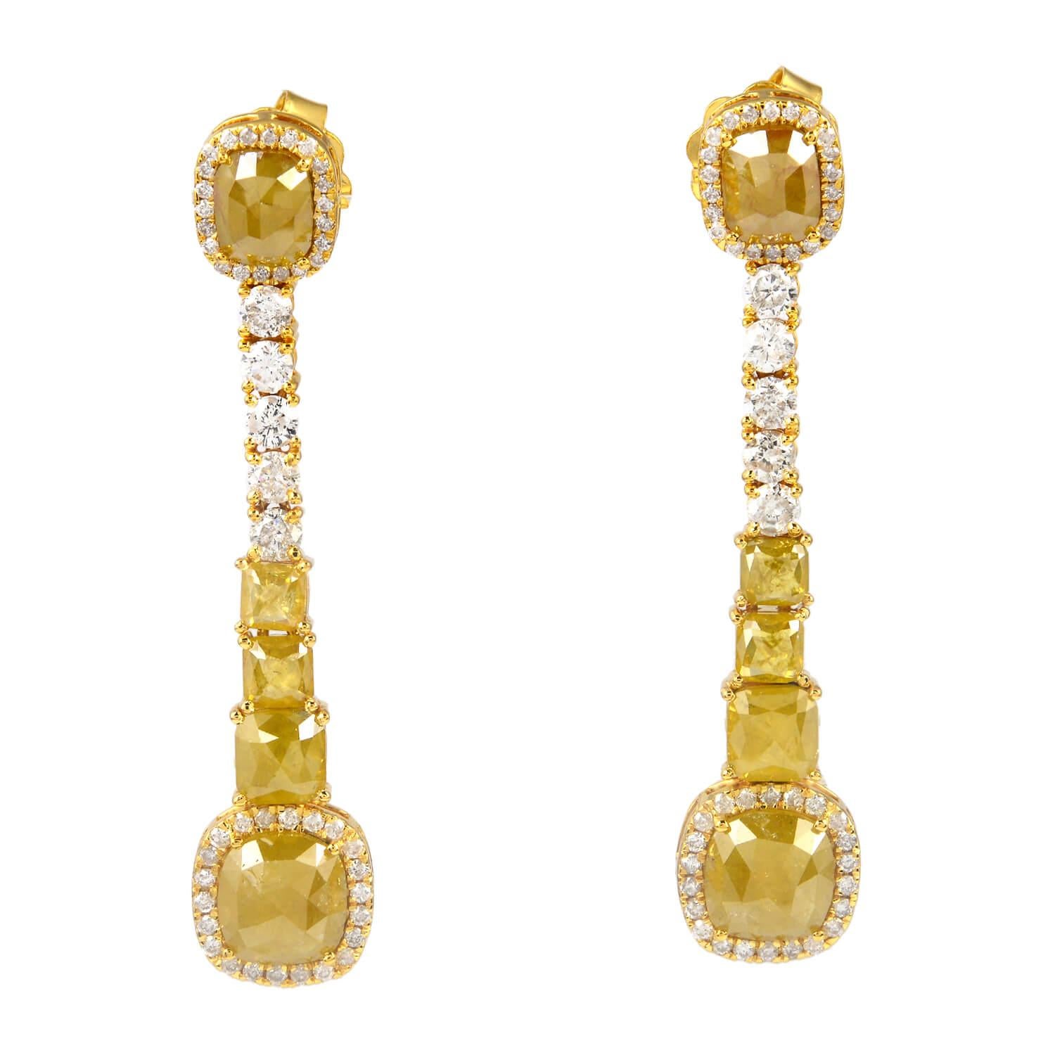 Modern Multishaped Fancy Yellow and White Diamond Earring in 18 Karat Yellow Gold For Sale