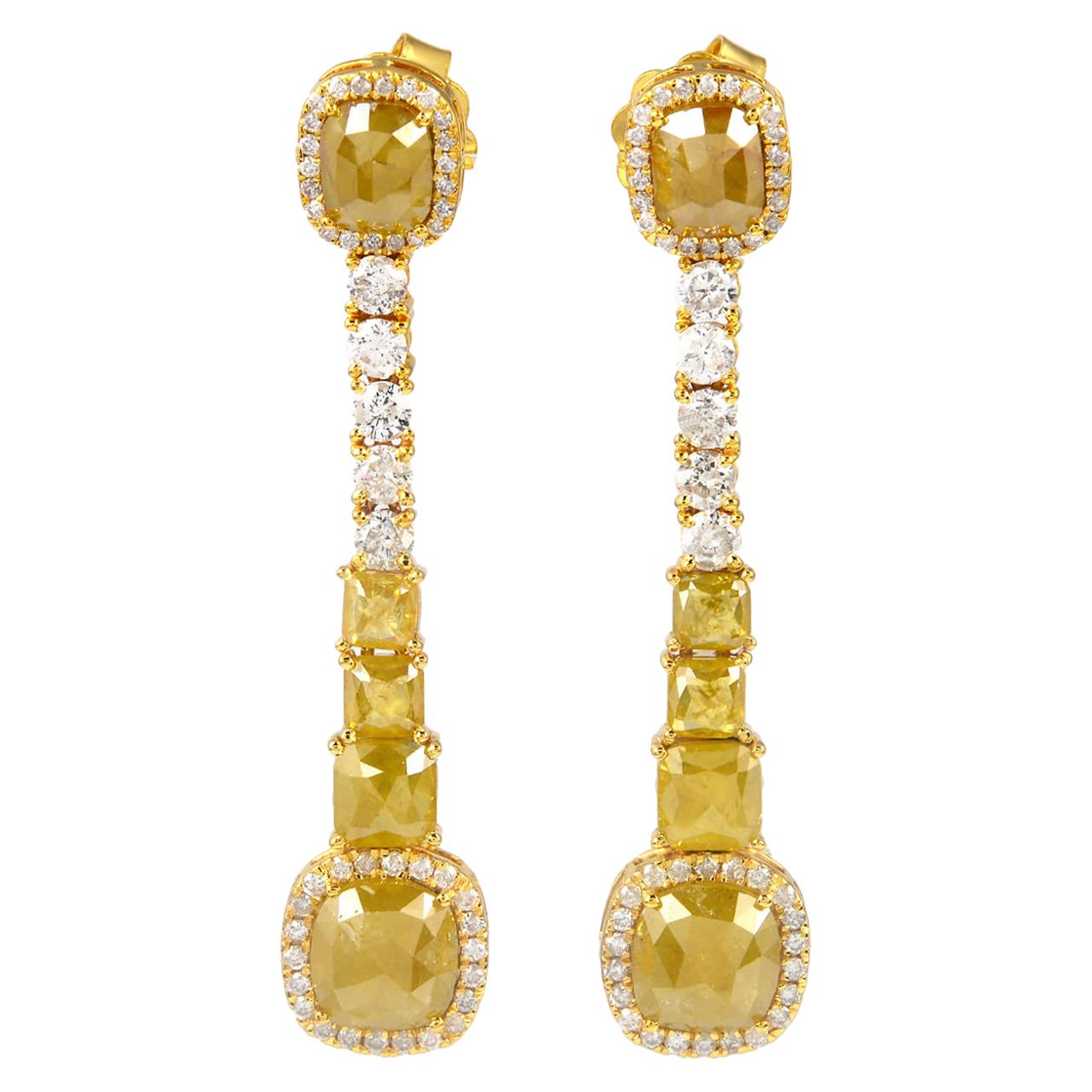 Multishaped Fancy Yellow and White Diamond Earring in 18 Karat Yellow Gold For Sale