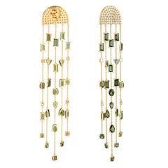Multishaped Mint Green Tourmaline Waterfall Earrings With Diamonds In 18k Gold