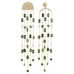 Multishaped Green Tourmaline Waterfall Earrings With Diamonds In 18k Yellow