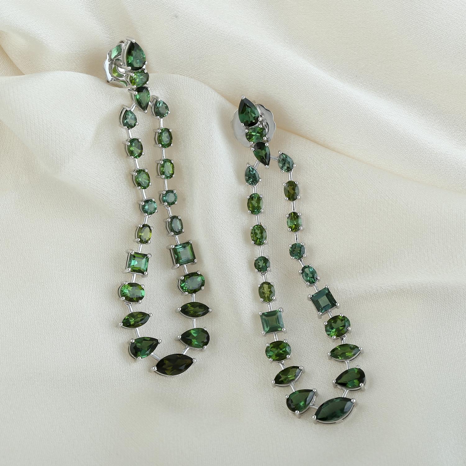 Art Deco Multishaped Green Tourmaline Waterfall Earrings With Diamonds In 18k Yellow Gold For Sale