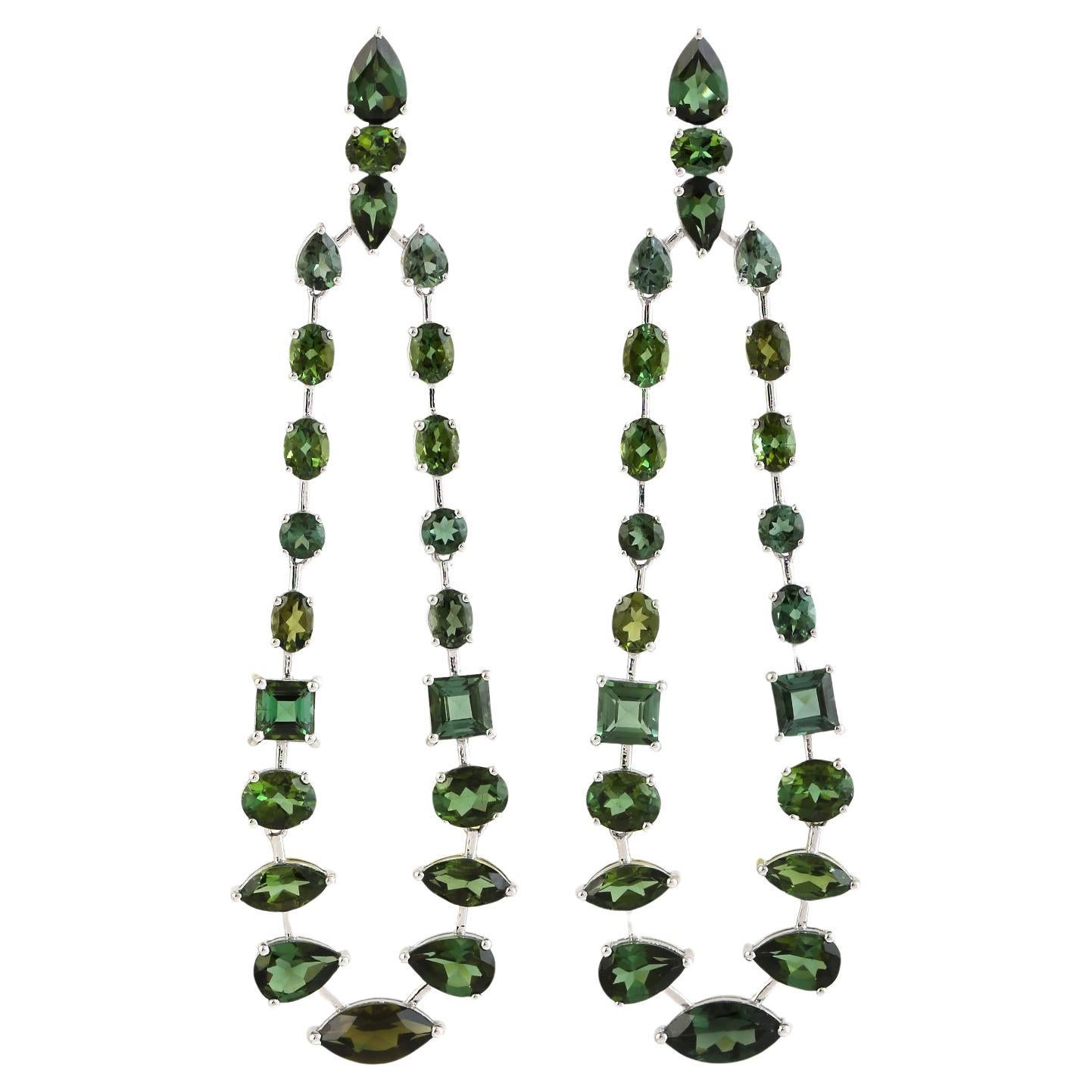 Multishaped Green Tourmaline Waterfall Earrings With Diamonds In 18k Yellow Gold For Sale