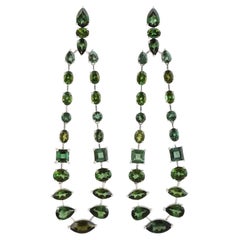 Multishaped Green Tourmaline Waterfall Earrings With Diamonds In 18k Yellow Gold