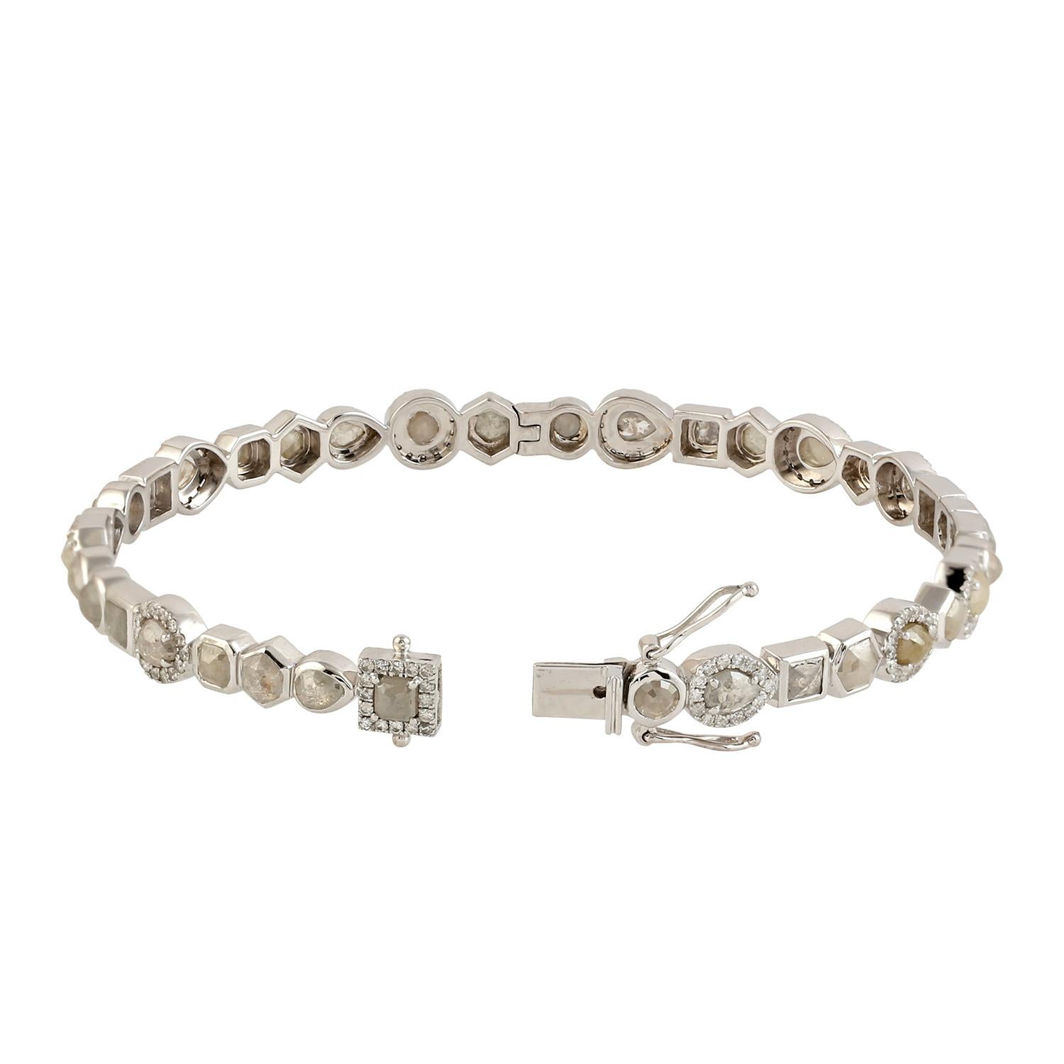 Artisan Multishaped Ice Diamonds Tennis Bracelet Made In 18k White Gold For Sale