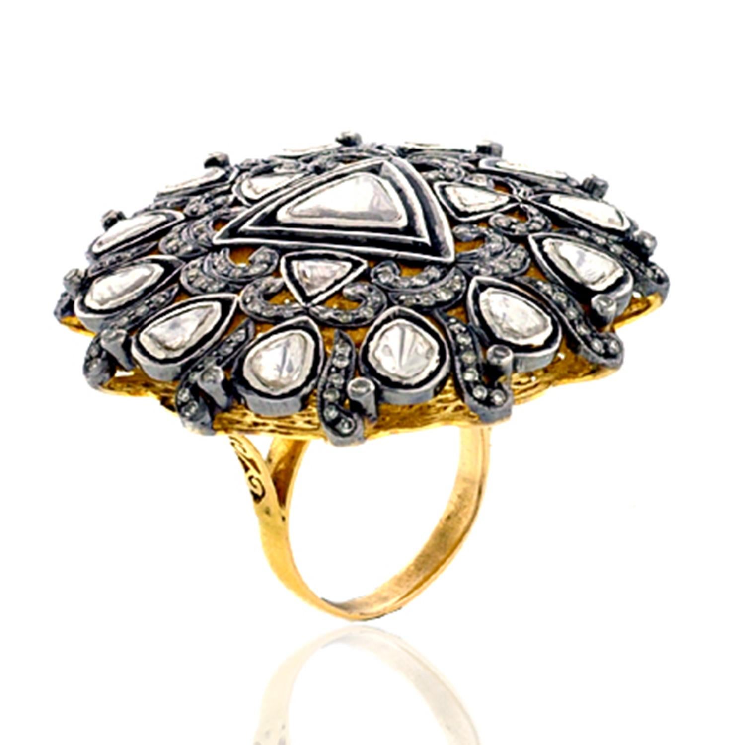 Bague de cocktail en or et argent 14k avec diamants multicolores taillés en rose Neuf - En vente à New York, NY