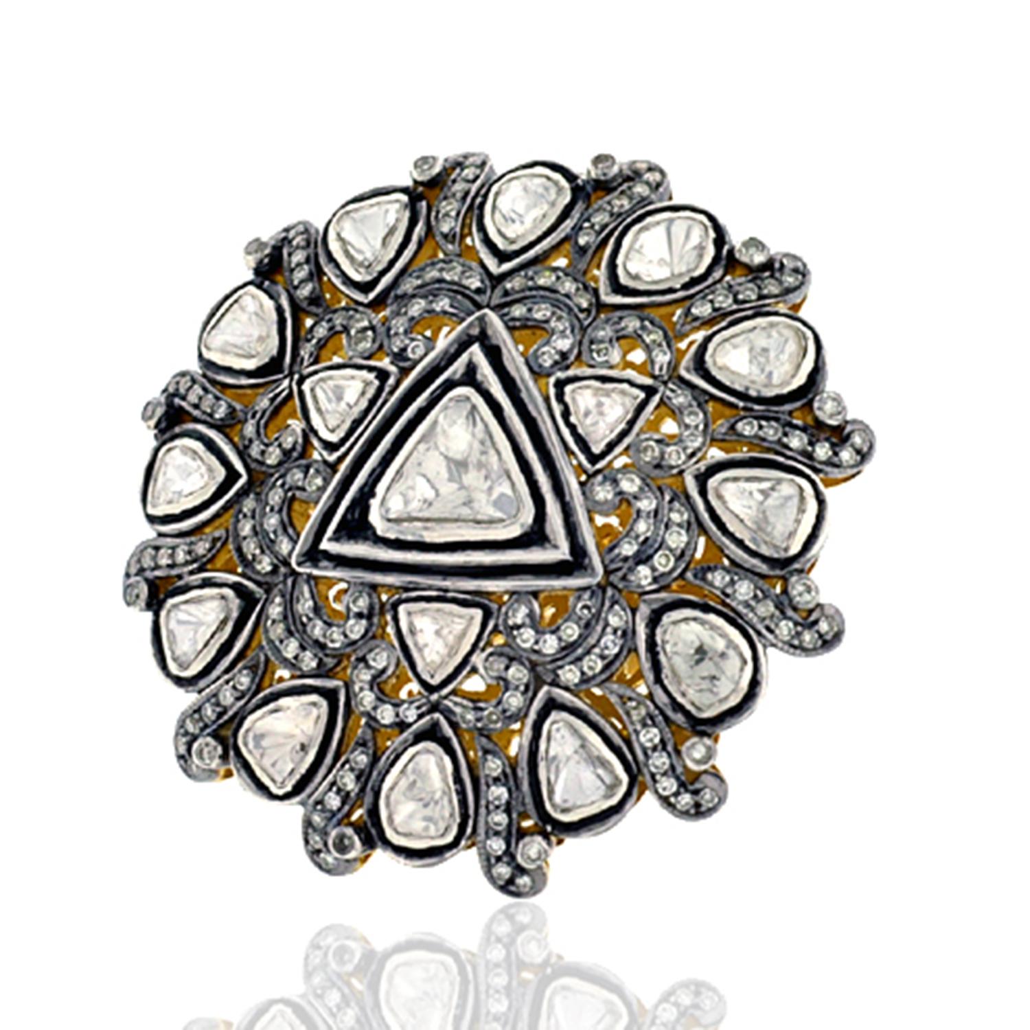 Art nouveau Bague de cocktail en or et argent 14k avec diamants multicolores taillés en rose en vente