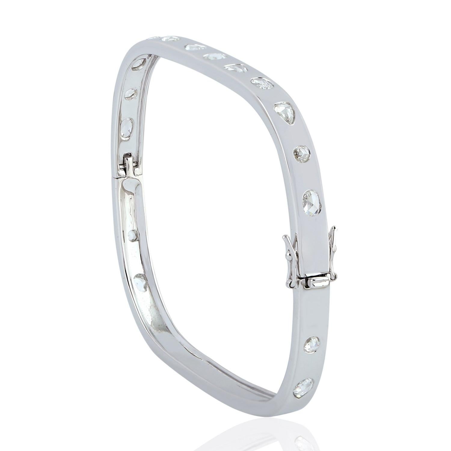 Artisan Multishaped Rose Cut Diamonds Cushion Shaped Bangle Set In 18K White Gold For Sale
