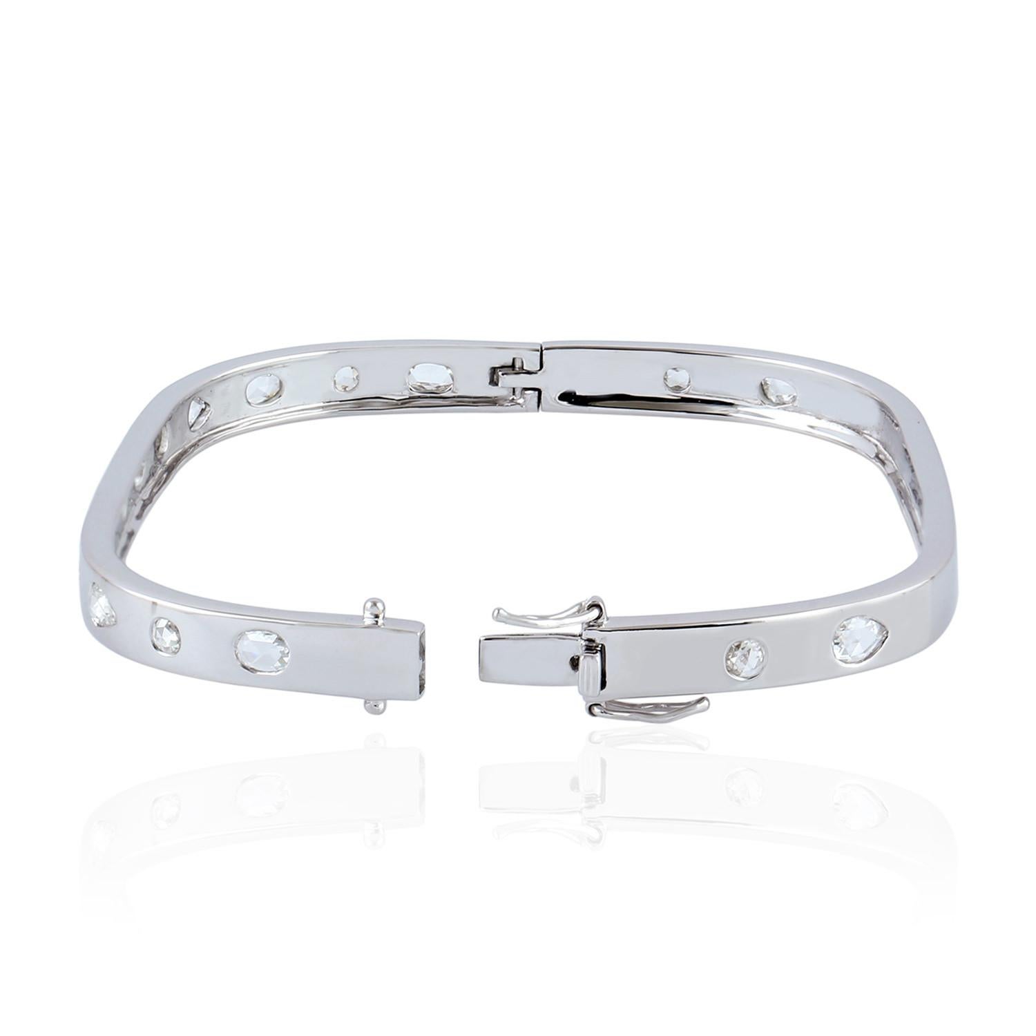 Mixed Cut Multishaped Rose Cut Diamonds Cushion Shaped Bangle Set In 18K White Gold For Sale