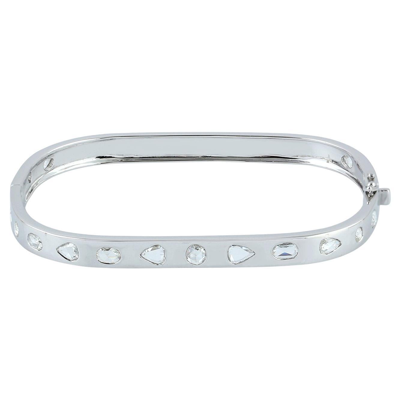 Multishaped Rose Cut Diamonds Cushion Shaped Bangle Set In 18K White Gold For Sale