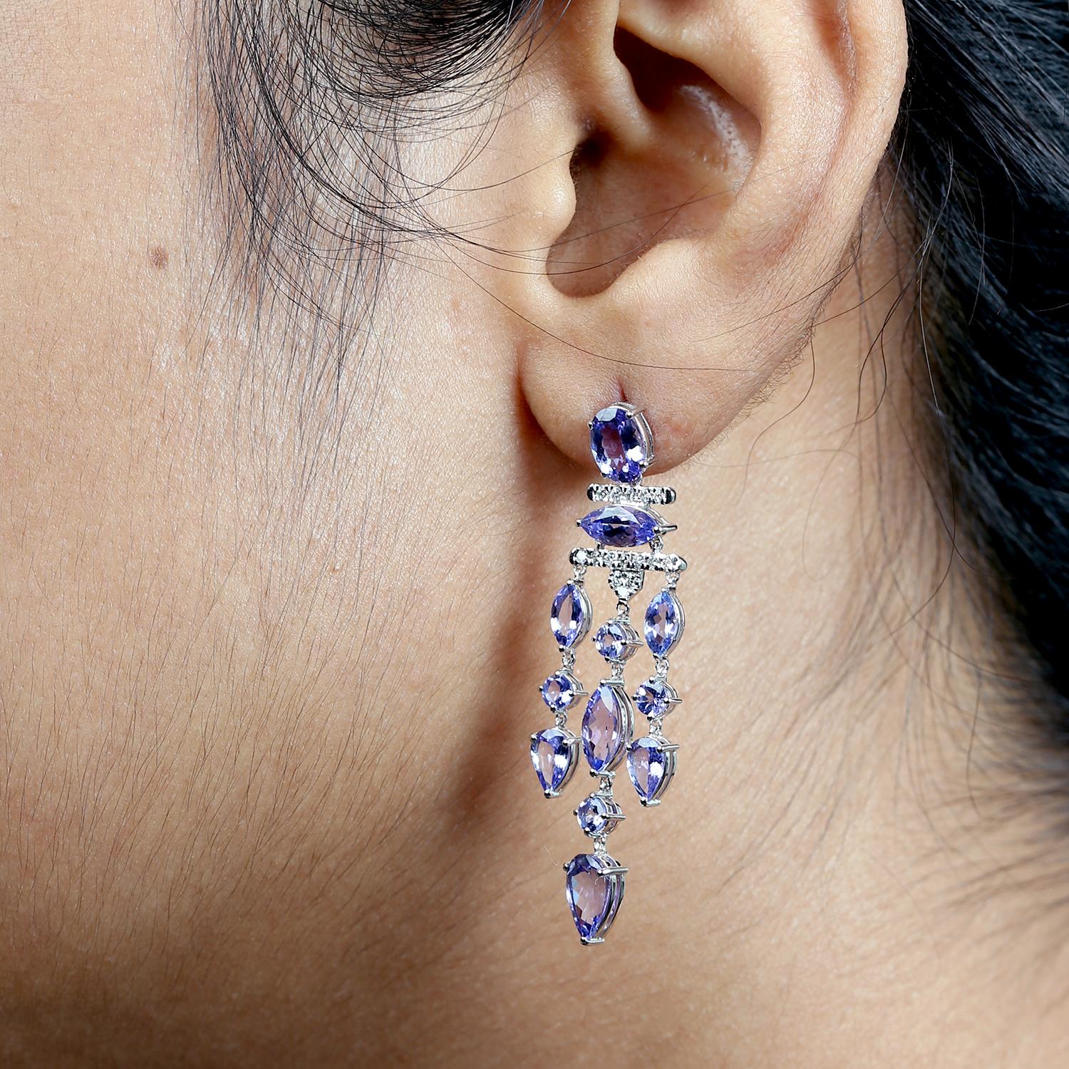 Art Deco Multishaped Tanzanite Waterfall Earrings With Diamonds Made In 18k Gold For Sale