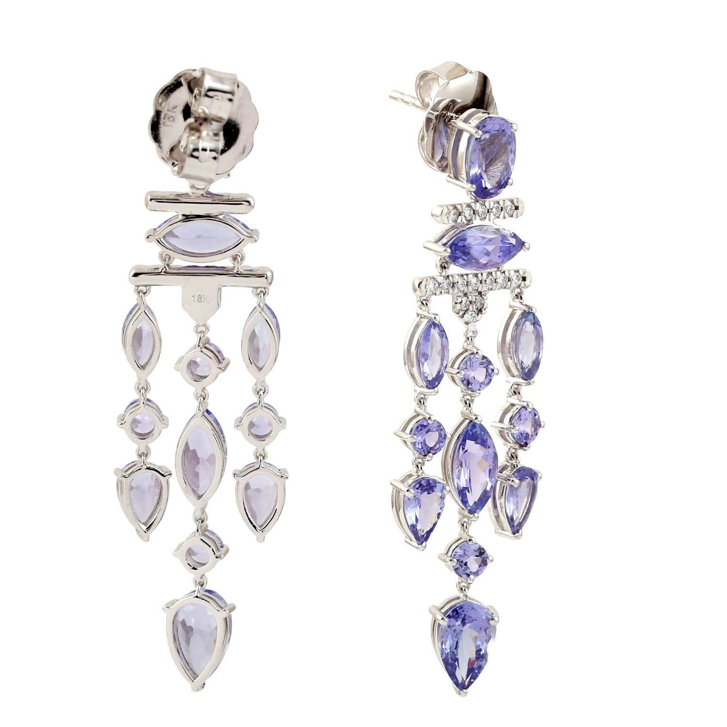 Mixed Cut Multishaped Tanzanite Waterfall Earrings With Diamonds Made In 18k Gold For Sale