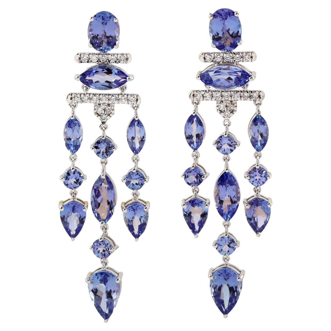 Multishaped Tanzanite Waterfall Earrings With Diamonds Made In 18k Gold For Sale