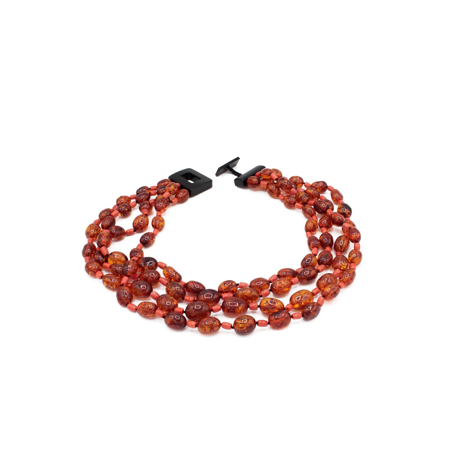 Mixed Cut Multistrand Amber and Coral Necklace For Sale