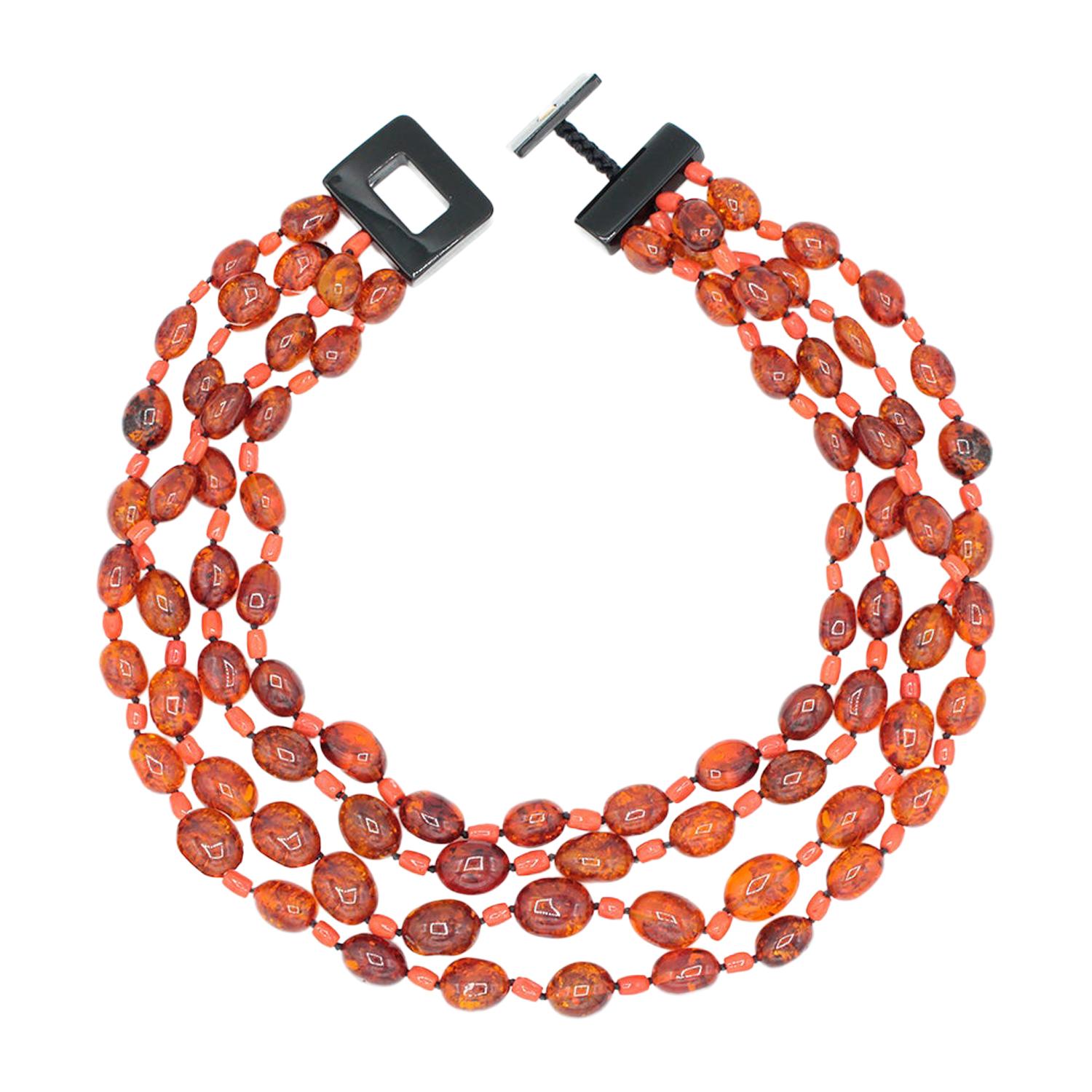 Multistrand Amber and Coral Necklace For Sale